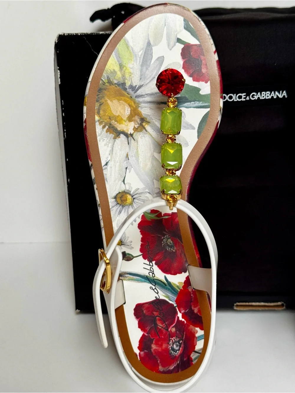 Dolce & Gabbana Poppy/Daisy T-Strap Platform Sandals w/Swarovski Crystals Size 9